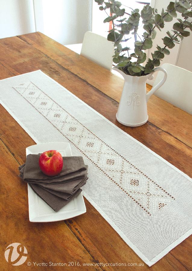 Yvette, This runner is worked in traditional-style Hardanger embroidery, using linen thread on linen fabric....