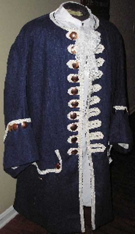 Sherie, Early-to-mid 18th century, cobalt linen frock coat worn with linen shirt.