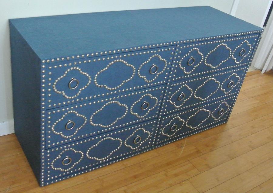 Alexis, Custom made six drawer dresser wrapped with Blue Bonnet Linen and features a nailhead design.