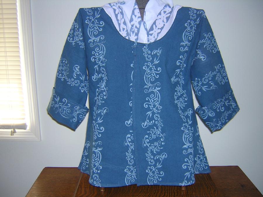 Laura, A pretty shade of blue linen was hand printed in a white pattern and sewn into an 18th century short...