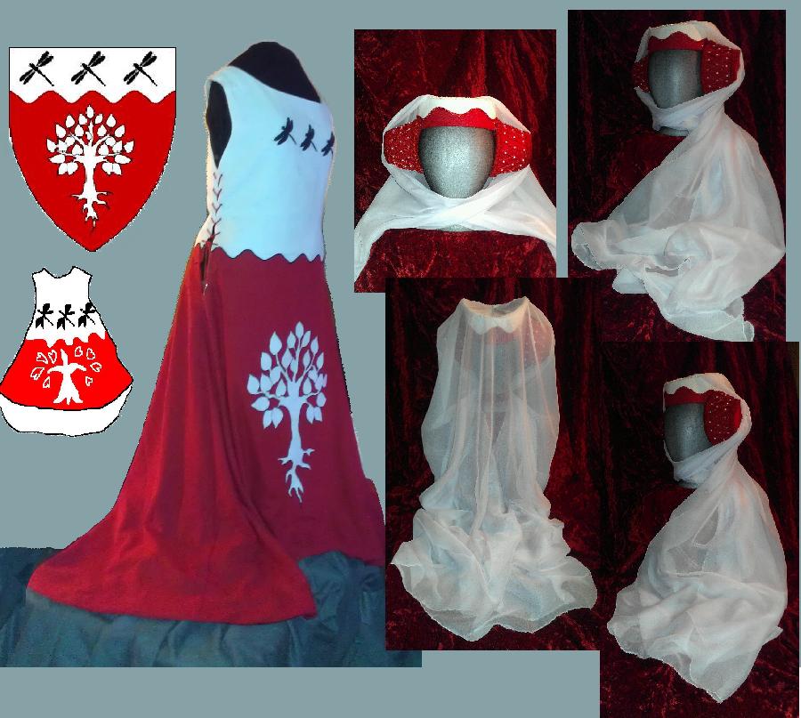 Caran, Heraldry overdress and hat with cauls made using IS003 CRIMSON Softened and 4C22 BLEACHED.  The size...