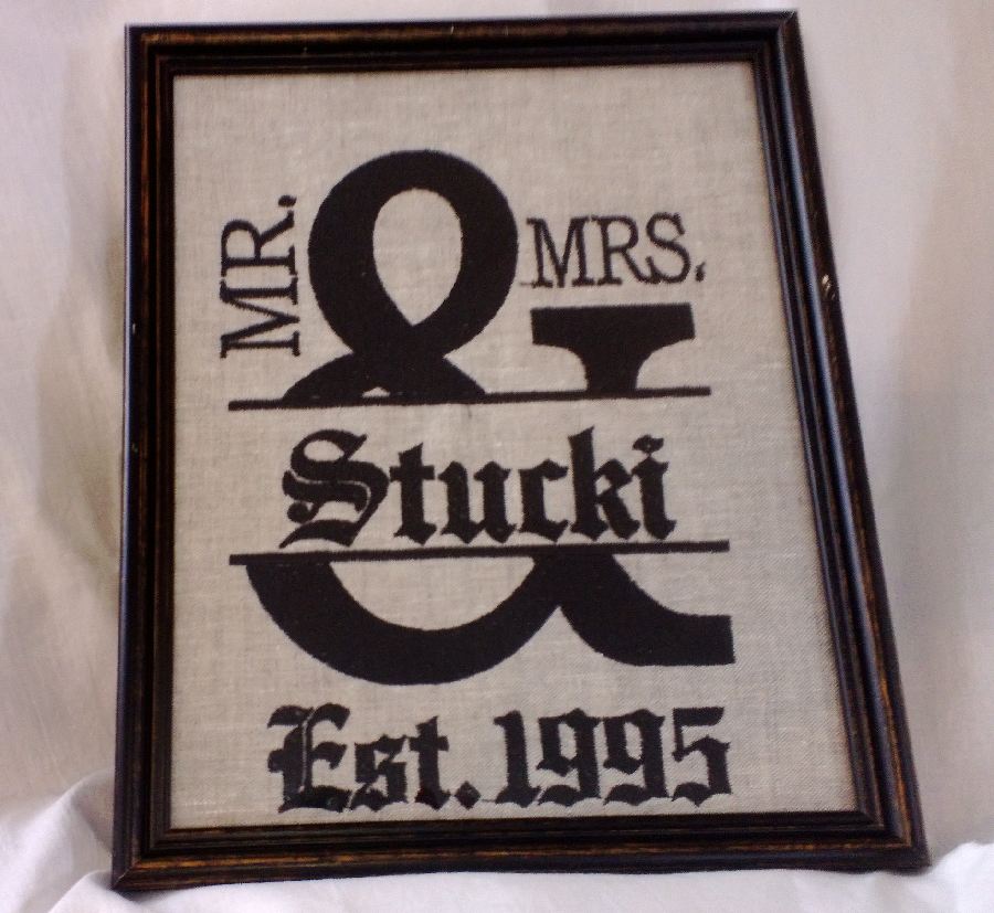 Dianne, Machine embroidered wedding sign on linen.