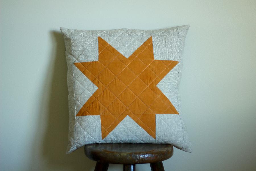 Rebekah, Dyed cotton star with Marigold flowers, on a backdrop of quilted mix-natural linen ( my favourite). 