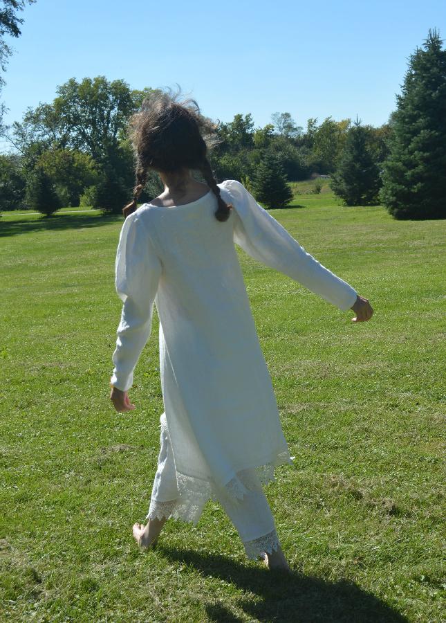 Julie, A Bobka Baby original made in linen and trimmed with venice lace. Long sleeved dress and pants.