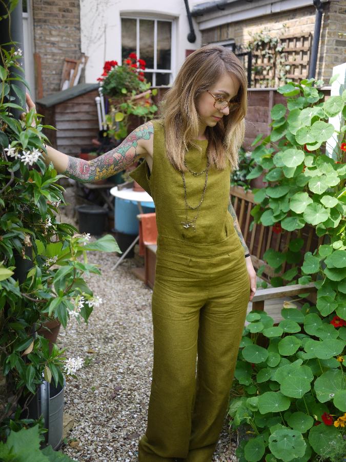 Kari, Wide Leg Olive Green Open Back Linen Jumpsuit

