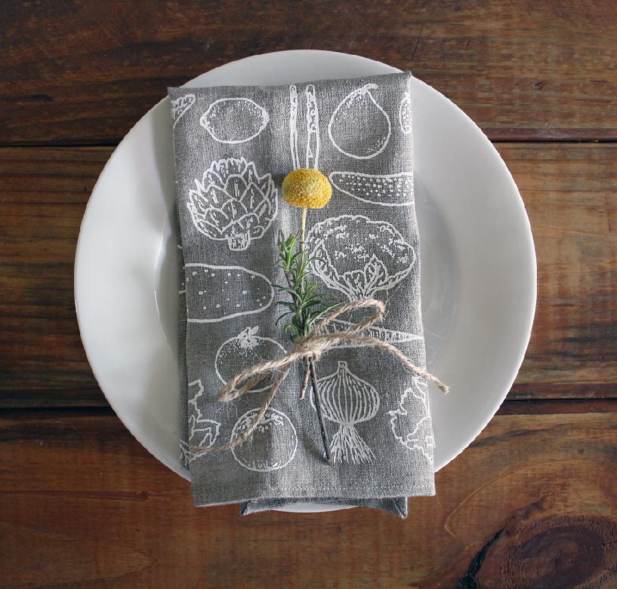 Morgana, Veggie pattern napkins screen printed by hand on oatmeal linen. Available soon on Satchel & Sage...