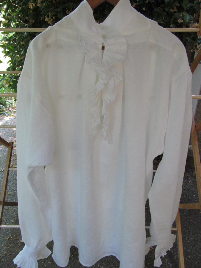 Eileen, Reproduction of a c.1740 linen ruffled shirt. All ruffles have hand rolled and hand stitched hems, a...