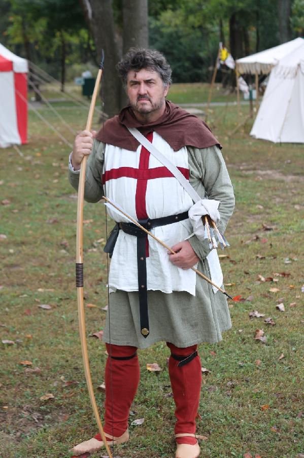 Mark, English Archer, c1415. The sage green tunic, white surcoat and brown hood are all linen.  My hosen a...