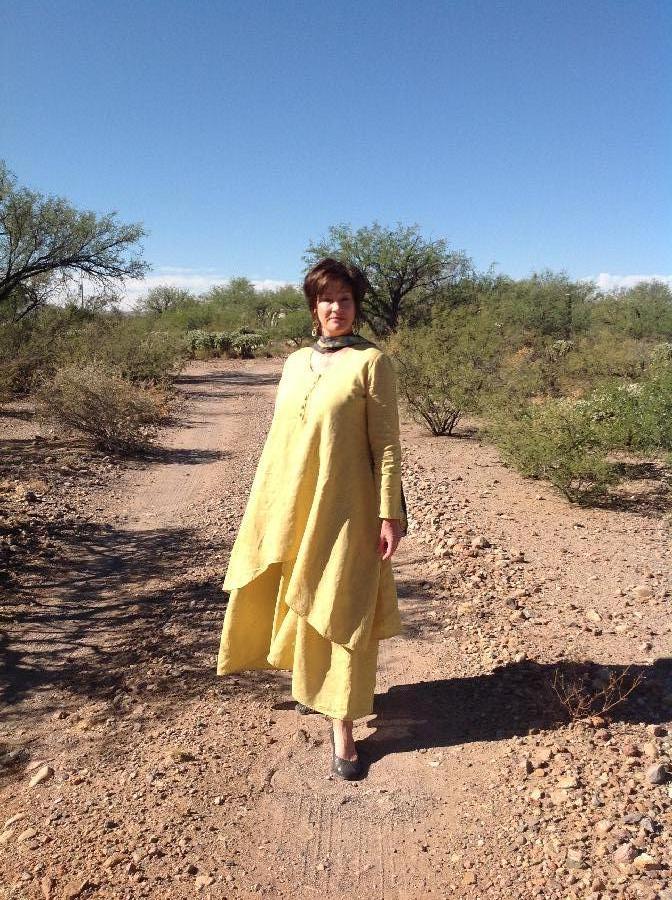 Kelly, Hand-Dyed Spicy Mustard, 100% European Handkerchief Linen...Long Layered Dress Set, modeled by Kelly...