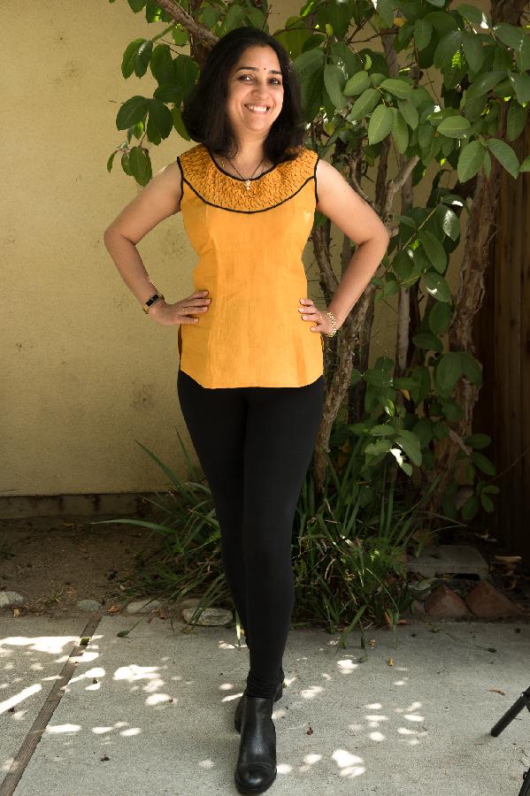 Janaki, I made this top (IL020 Autumn Gold softened) with hand-smocking on a bias strip in the yoke. To make...