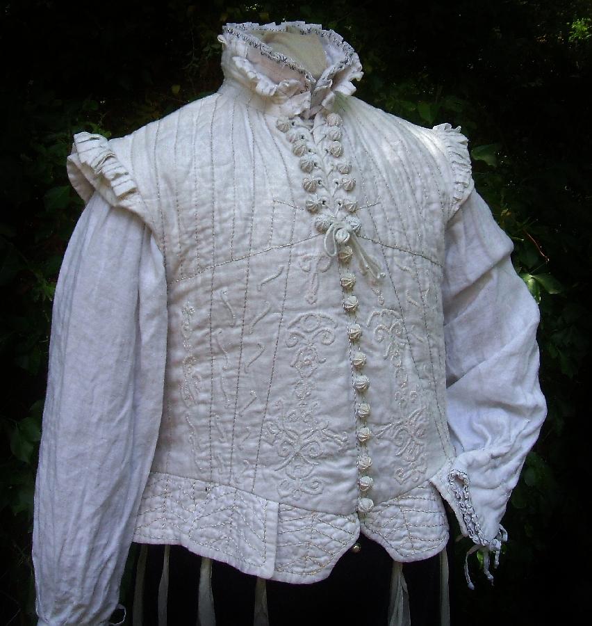 Celeste, after a circa 1590s doublet- multilayer line lined with silk- hand embroidered, and woven buttons