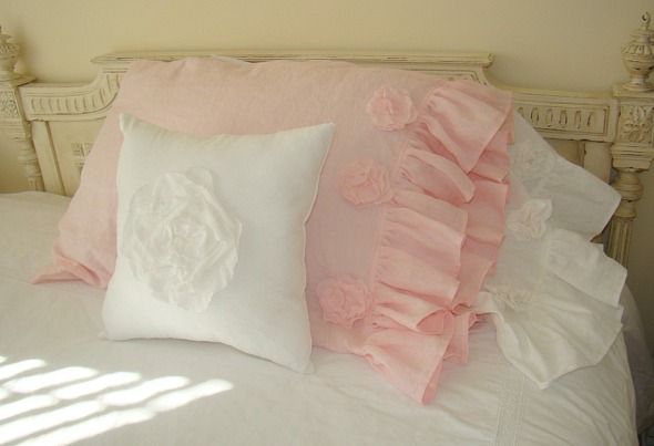 Kelly, Linen Pillow Cases and 14 Accent Pillow. All with tattered flowers attached.  I used IL020 in Optic...