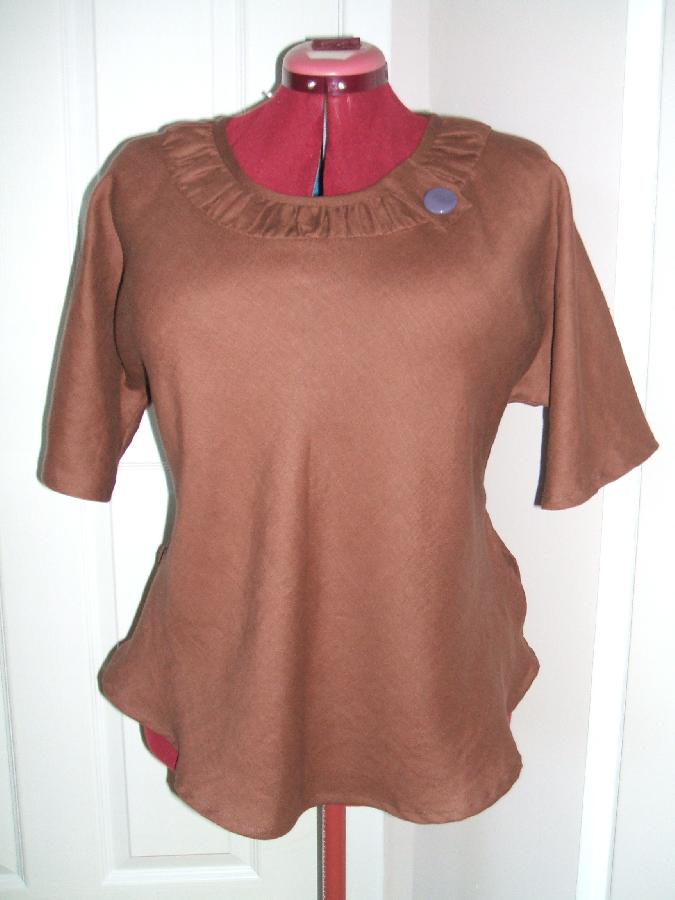 Maria, Bias cut middle weight linen blouse with smocked neckline. 