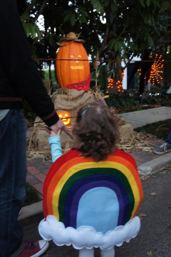 Tamara, Toddlers Rainbow costume made of felt and poly fiberfill, rear view