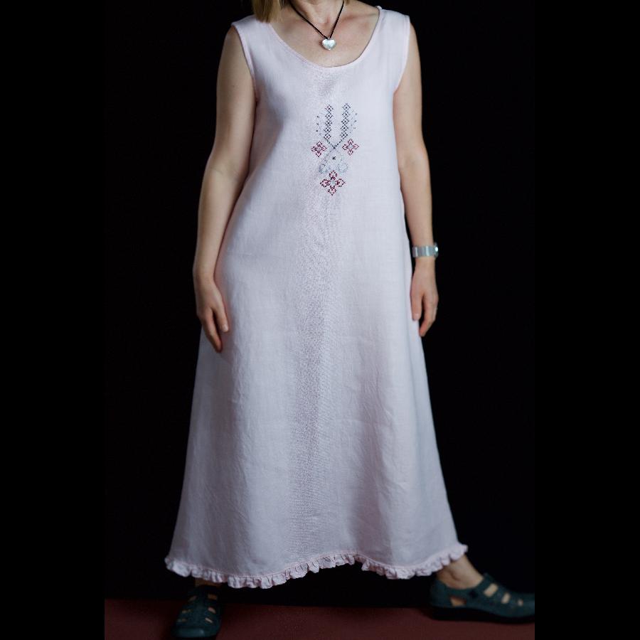 Maria, Slip on linen dress with embroidery and tiny ruffle :)