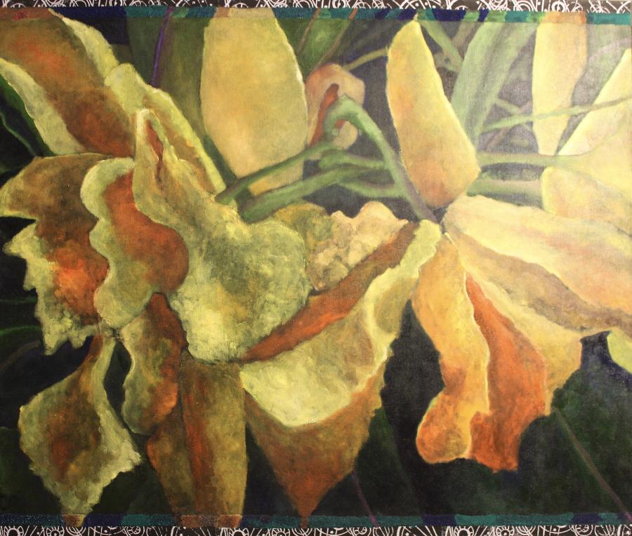 Tony, painting example:
oil on LINEN w/prints & sand
44x52
2016
cadmium orange