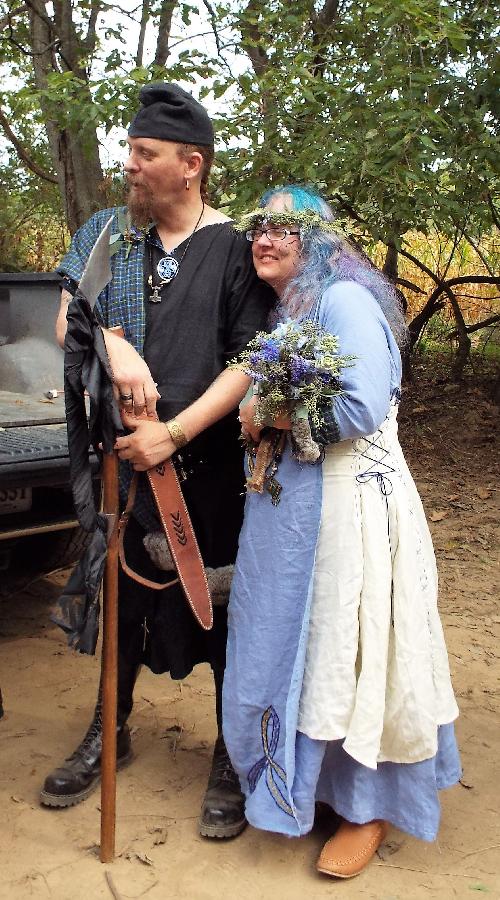 Faye, Viking wedding dress: krista natural and wisteria medium weight linen with fur, tartan, embroidery,...