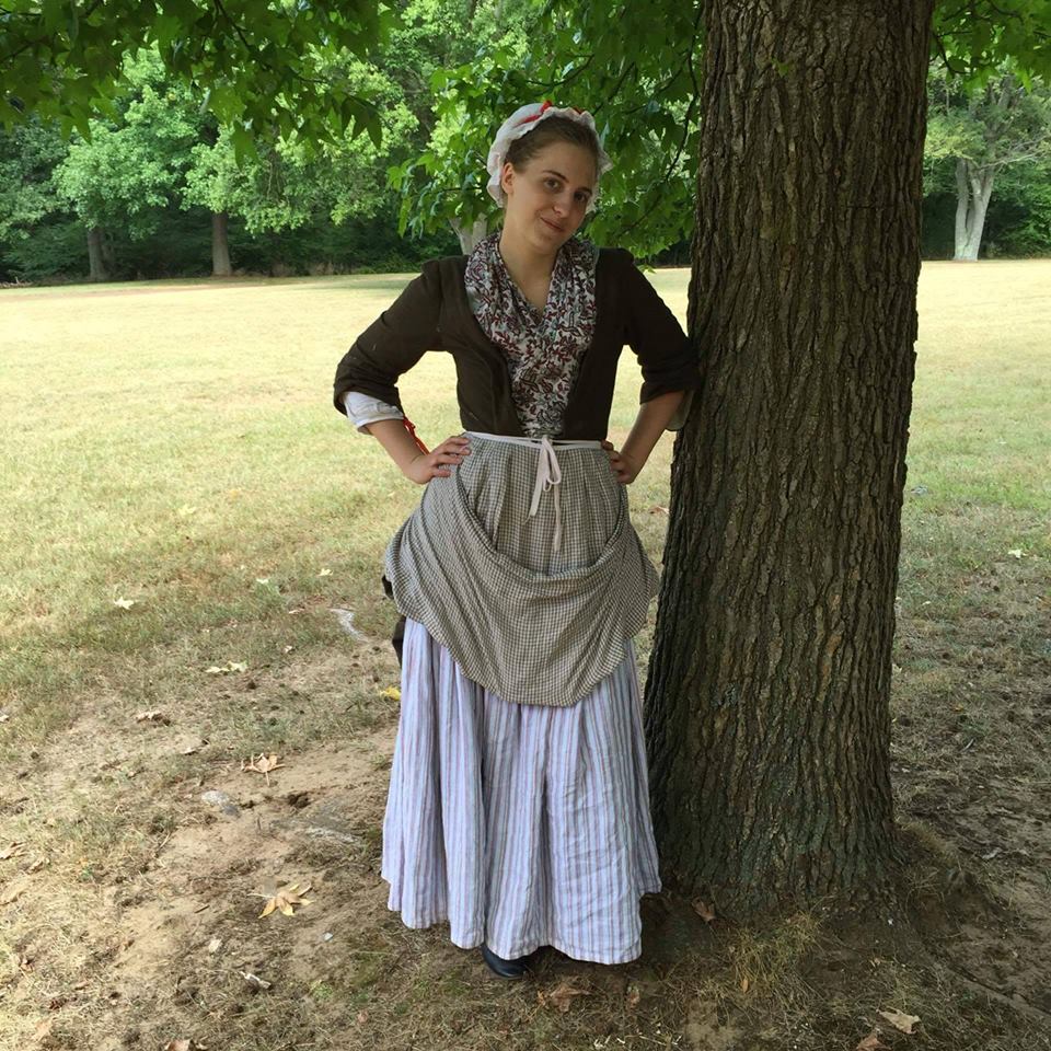 Aly, Revolutionary War Woman on the Ration - Striped linen petticoats, Checked linen apron, and white lin...
