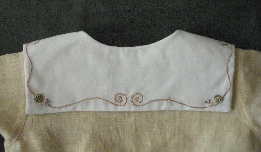 Dottye, Linen romper collar detail (Brazillian embroidery)