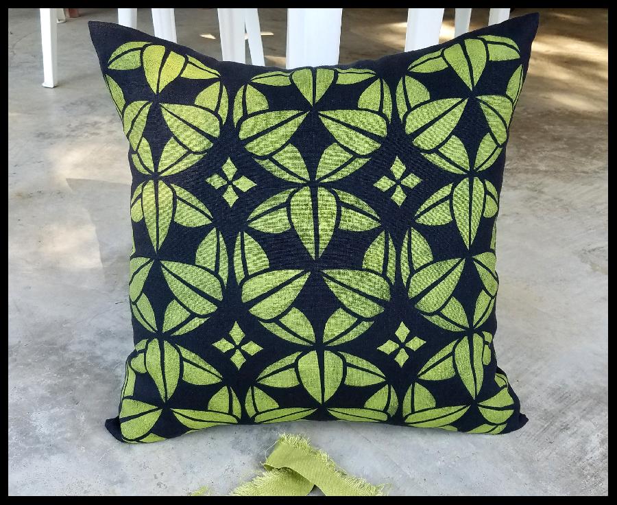 Patrice, 18 x 18 pillow cover of IL019 BLACK, stenciled with fabric inks, mixed to match Pantones Fall 201...