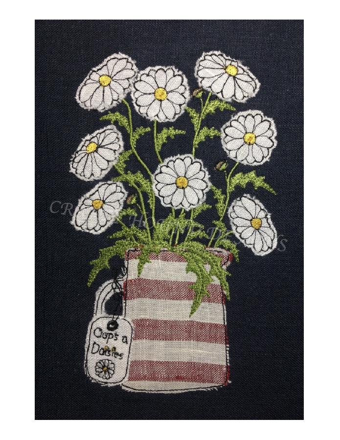 Helen, OOPS a DAISIES - raw edge applique designed and stitched by me using doggie bag linen pieces