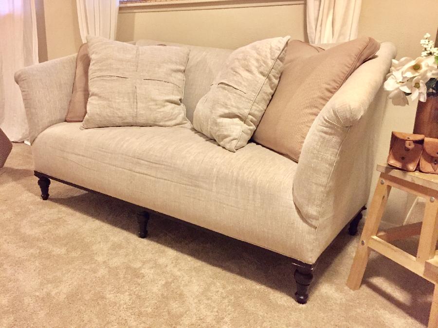 Cynthia, Reupholstered couch with matching tucked pillows.  Used 4C22 Mixed Natural, heavy weight linen.  Stu...
