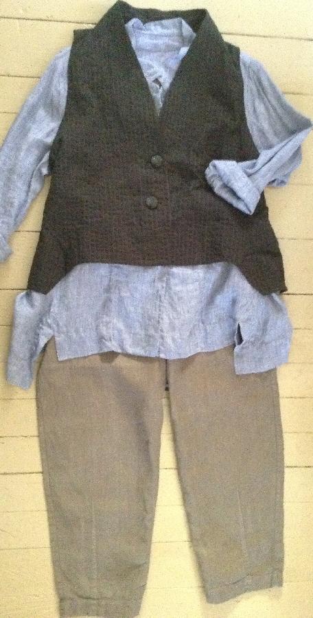 Melissa, Blue chambray linen shirt, linen blend vest, and gray linen pants. Various patterns used inspired by...