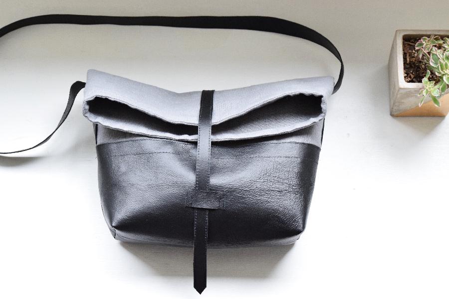 Randee, Linen + leather roll top handbag made with Asphalt - heavy weight. 
