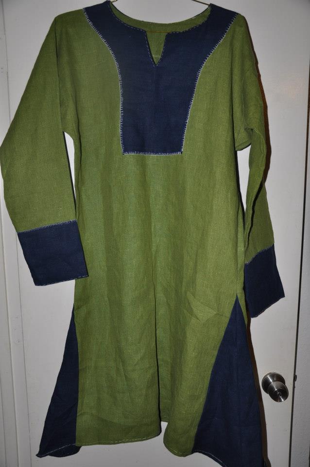 Judi, Viking outer tunic made with Green and Cobalt Blue 4C22 Linen  Top stitching is hand done
