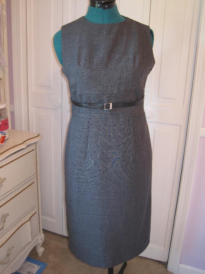 Lucille, Classic grey dress I made. light weight cotton blend.  lined.  Belt made by me to fit waist