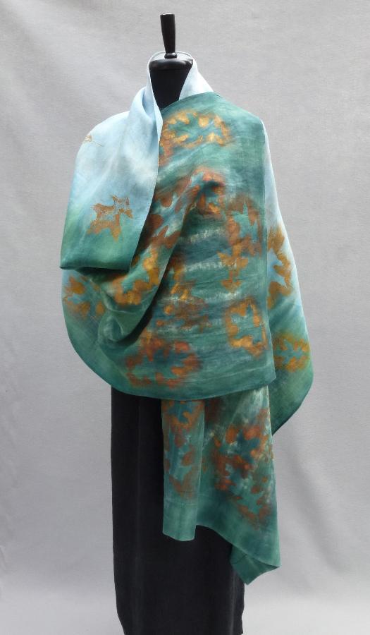 Lois, Handkerchief linen (IL020 bleached, softened) shawl, hand dyed with fiber-reactive dyes. Embellished...