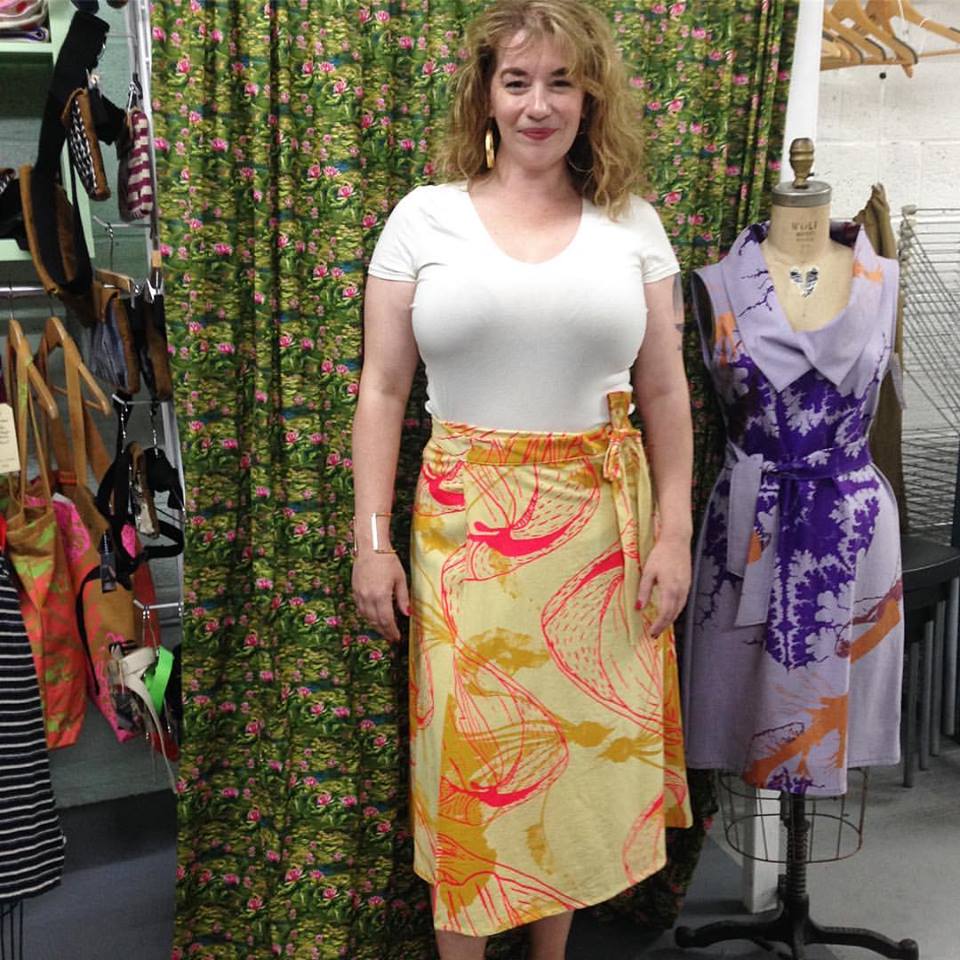 Karin, Linen wrap skirt. Hand dyed with marigolds and screenprinted with hot pink coconuts and mustard beet...