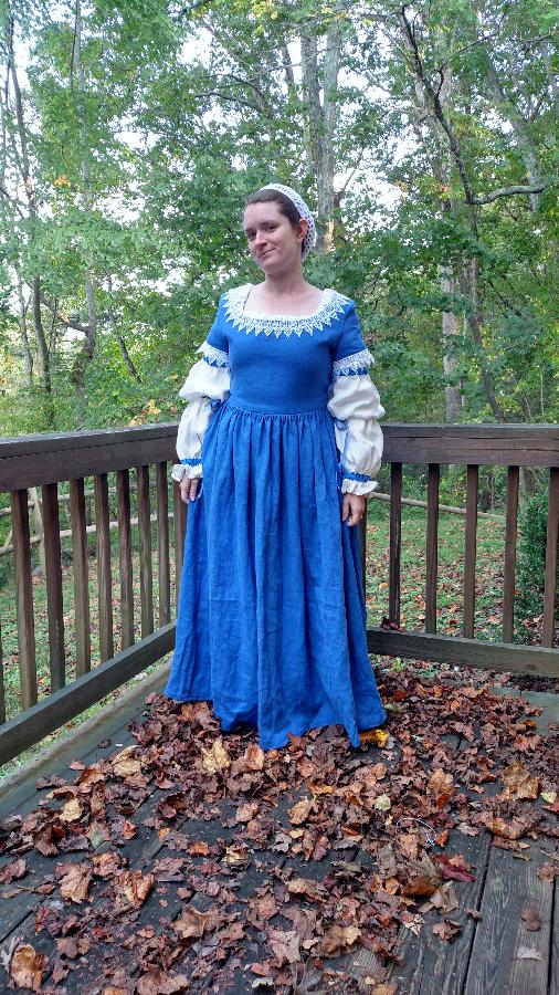 Matthew , This is a recreation of a 17th century gown. The blue is the aquamarine linen heavy weight and the s...