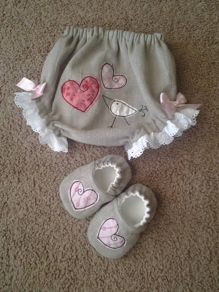 Lauren, Natural linen baby bloomers and shoes with appliqué embellishment.