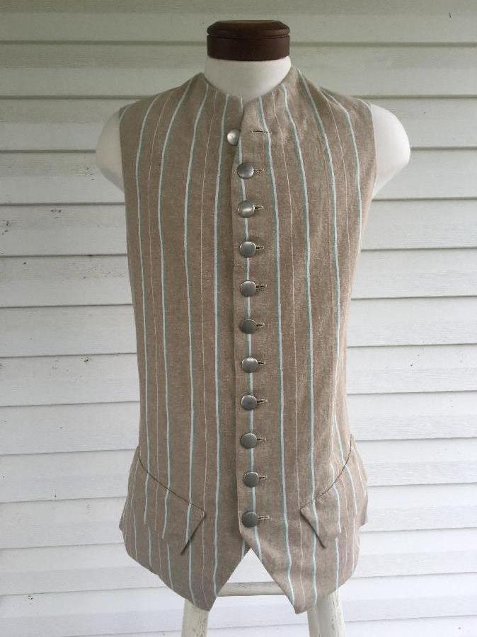 Matthew, This is a 100% linen, 1770s style mens waistcoat. The design for this project is typical of most 17...