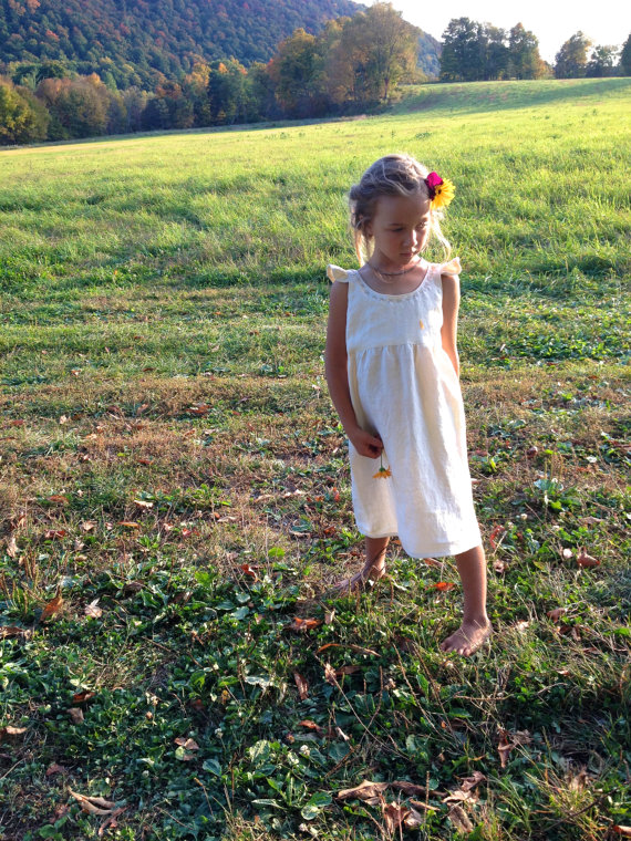 Zoe, Simple Linen Flower Girl Dress with hand stitched neckline.
