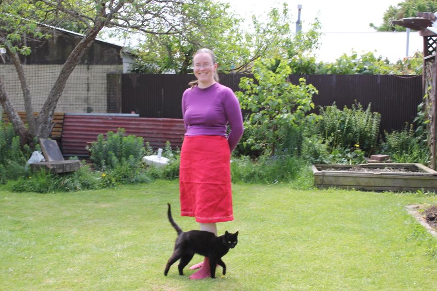 Rachelle, Linen A-line skirt with ribbon trim plus photo bombing cat.   Fully lined (not linen).  
Lovely and...