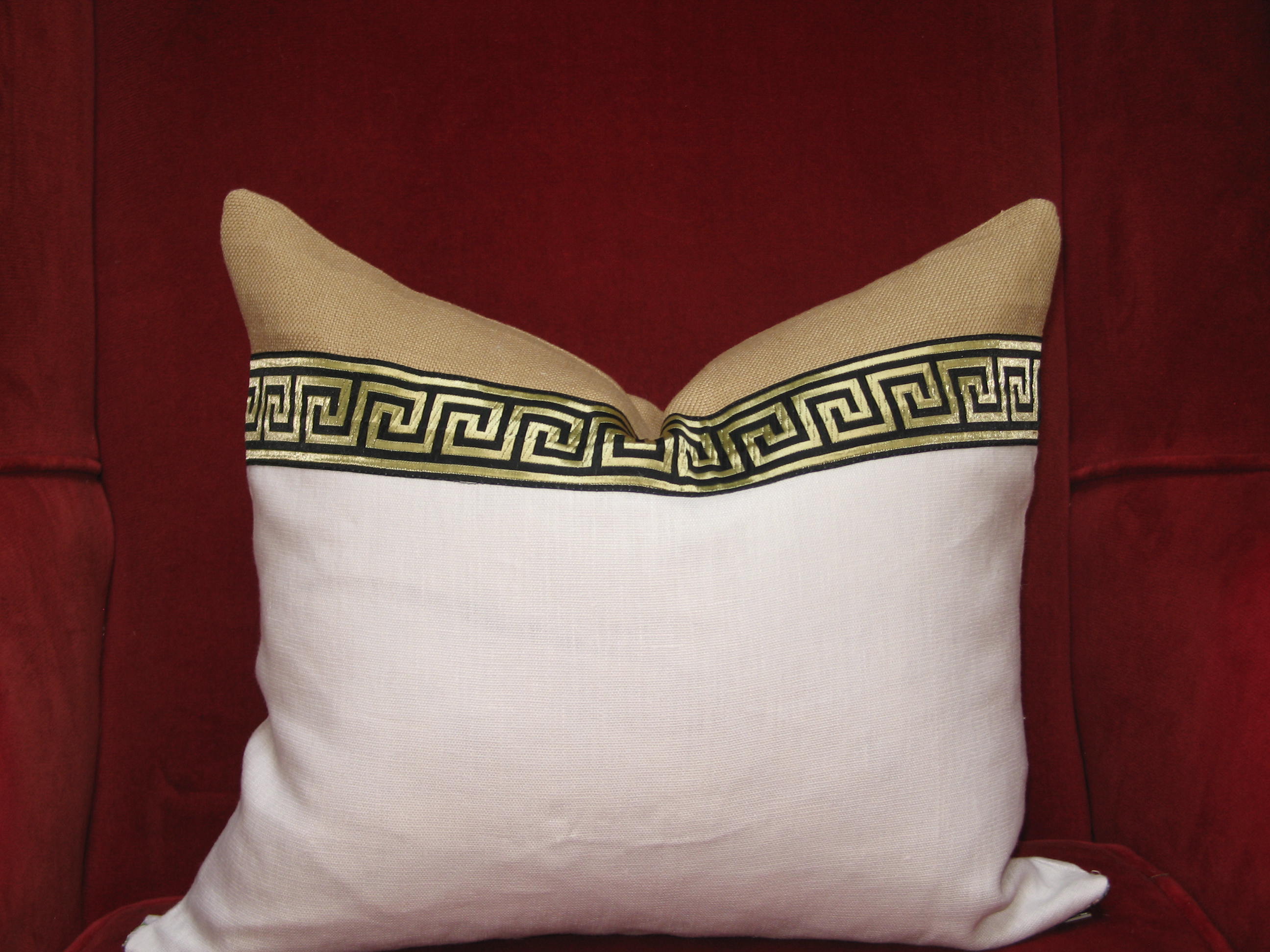 Grace, Two tone linen pillow with greek key trim