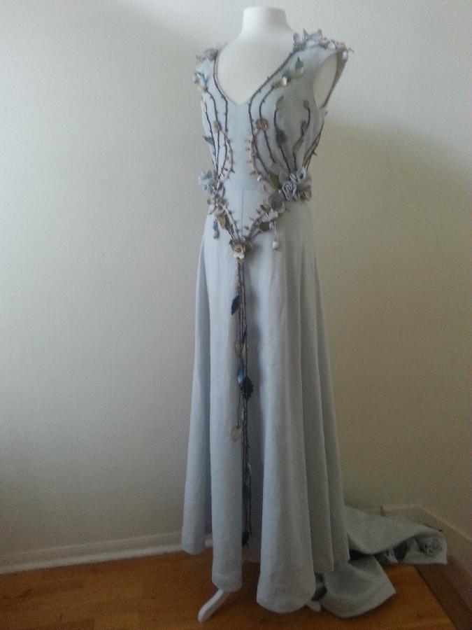 Romy, recreation of Margaery Tyrells wedding gown from HBOs Game of Thrones- made with dove Grey Linen....