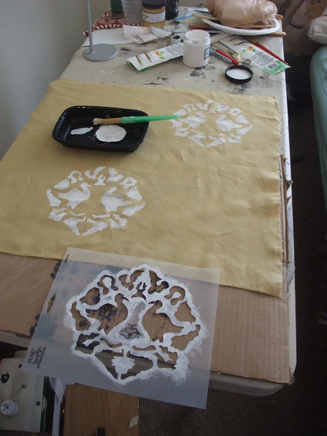 Lisa, Did you know you can paint on linen?
In-progress work on a 9th century Japanese skirt decorated wit...