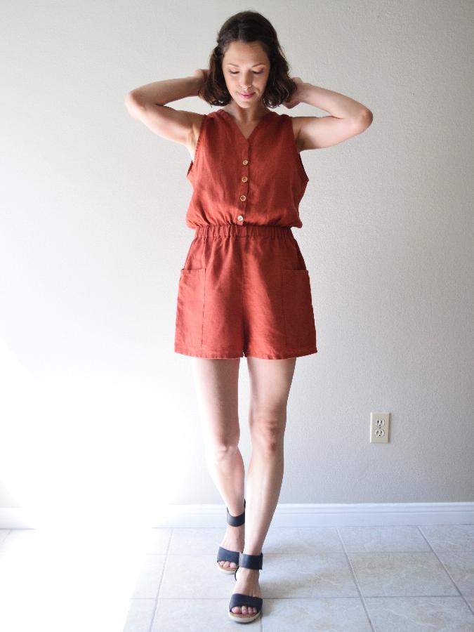 Randee, Button-up romper with deep front pockets and elastic waist made with Sedona - middle weight.  