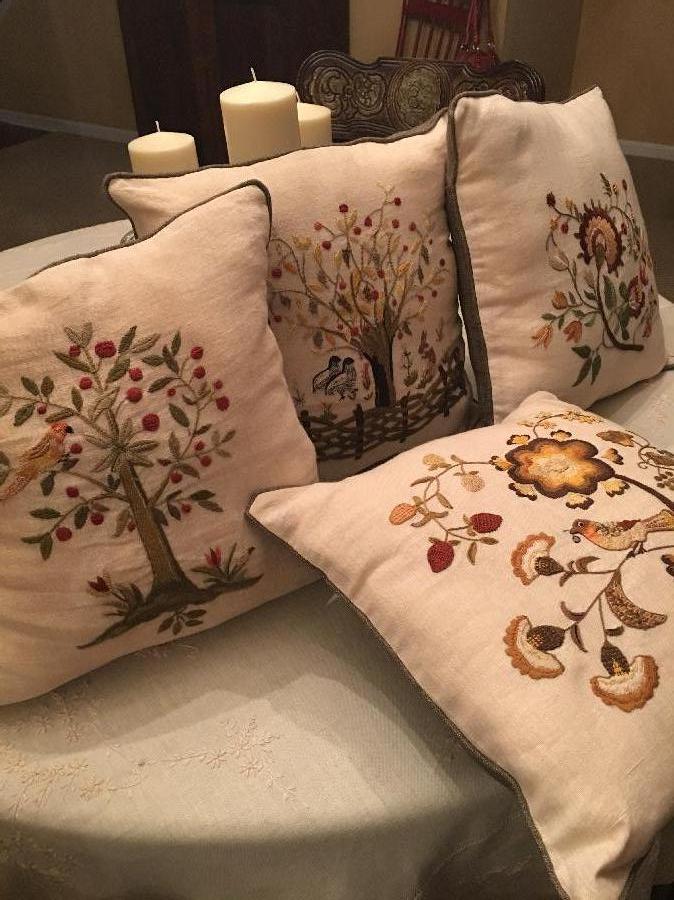 Mary, Hand embroidered pillows for my kitchen chairs.
Love the fabric store linen. Bleached linen softened...