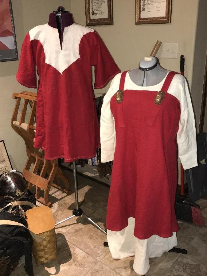 Carl, Viking tunic, under dress and apron dress in red and white linen.