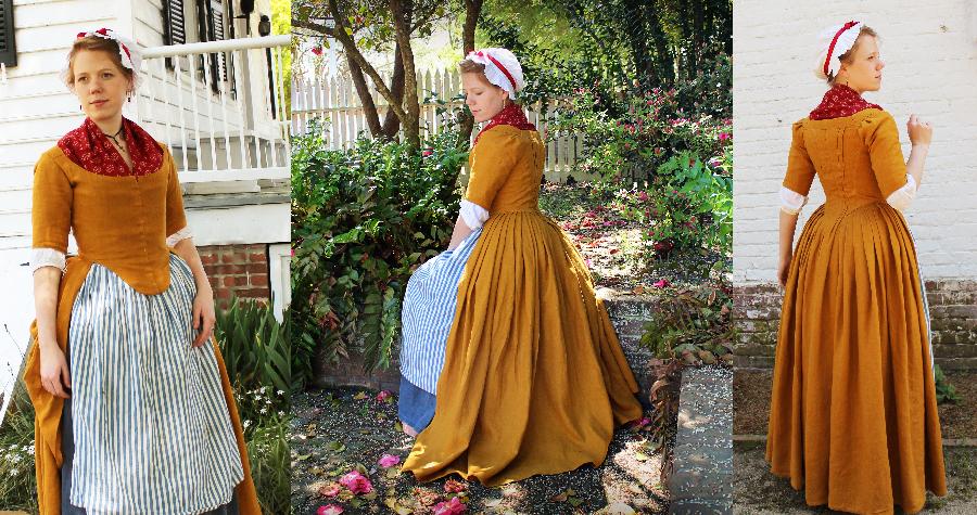 Laura, 1770s style outfit - English-back gown, shift, petticoat, and cap are linen, apron is linen/cotton,...