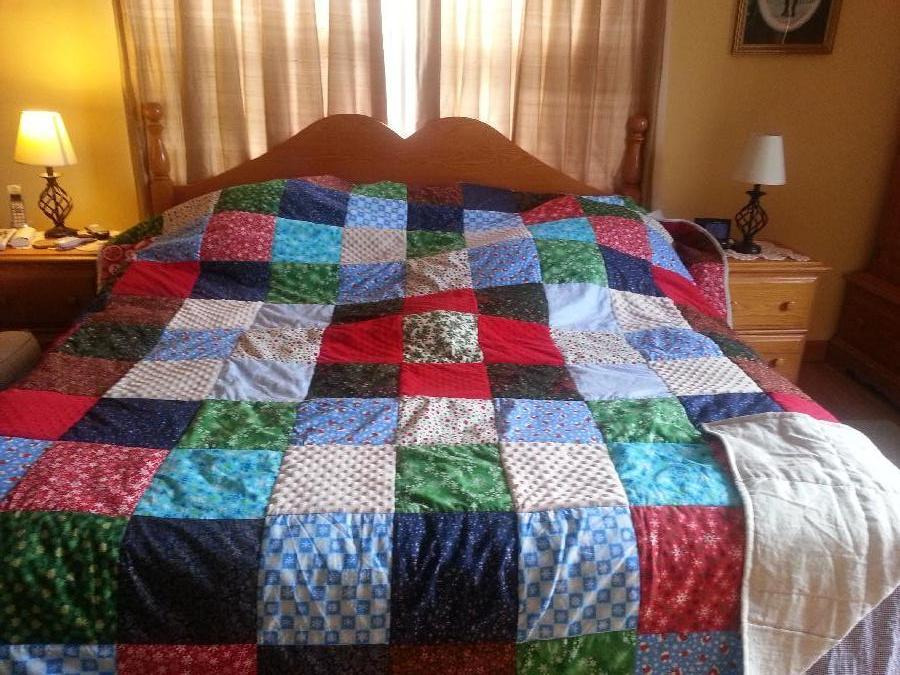Toni, I made a Christmas quilt for my grandson who is always hot with Christmas squares on the front and p...