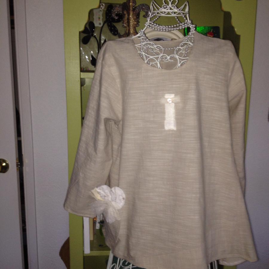 Nadine, Linen Tunic top with vintage buttons and bits of lace.
