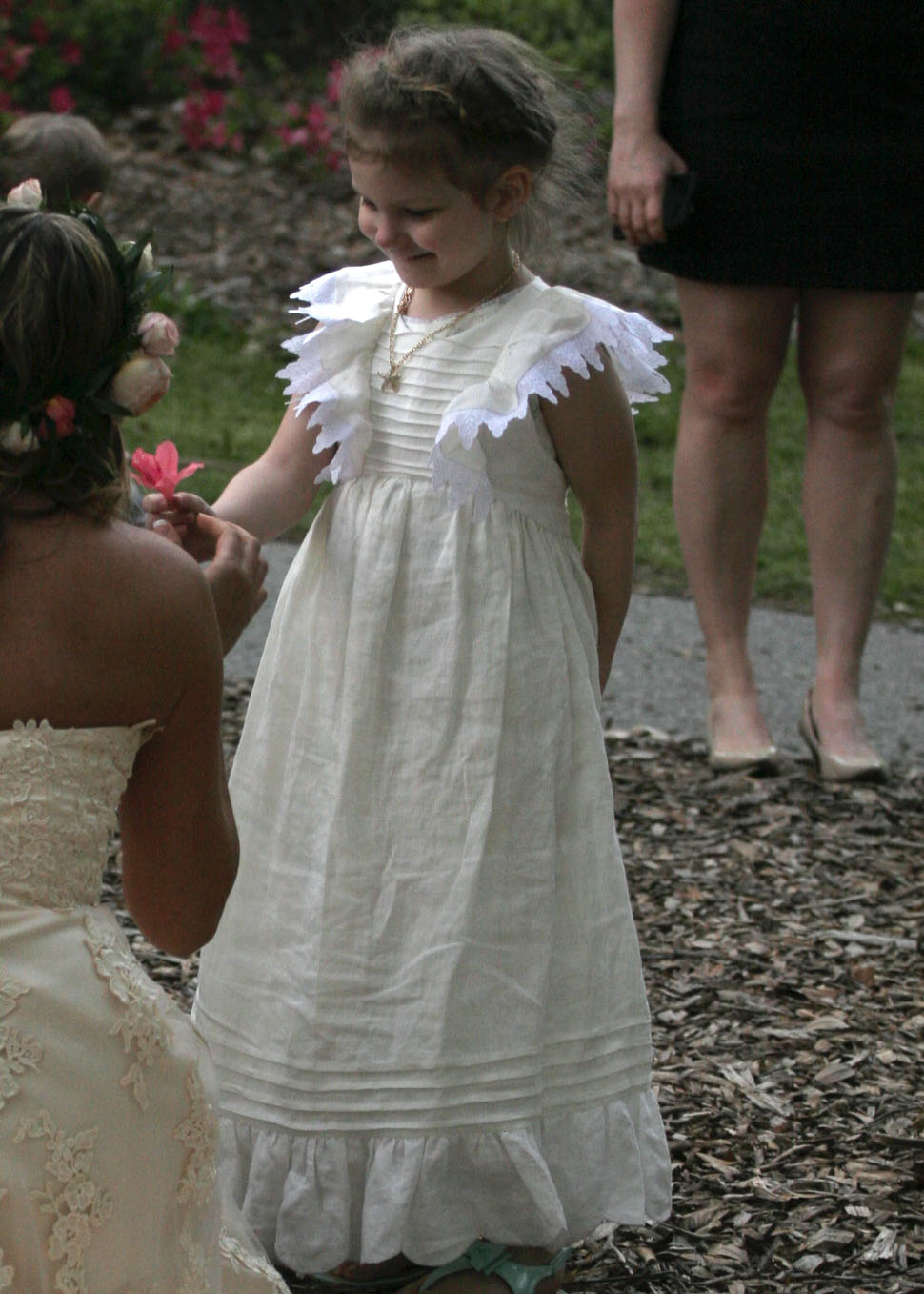 Jordan, Hand sewn and embroidered pintucked  flower girl dress from handkerchief linen (IL020) in bleached w...