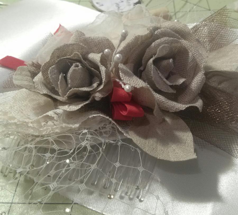 Deanna, The roses and leaves on this wedding fascinator are made of natural non dyed linen. The roses and le...