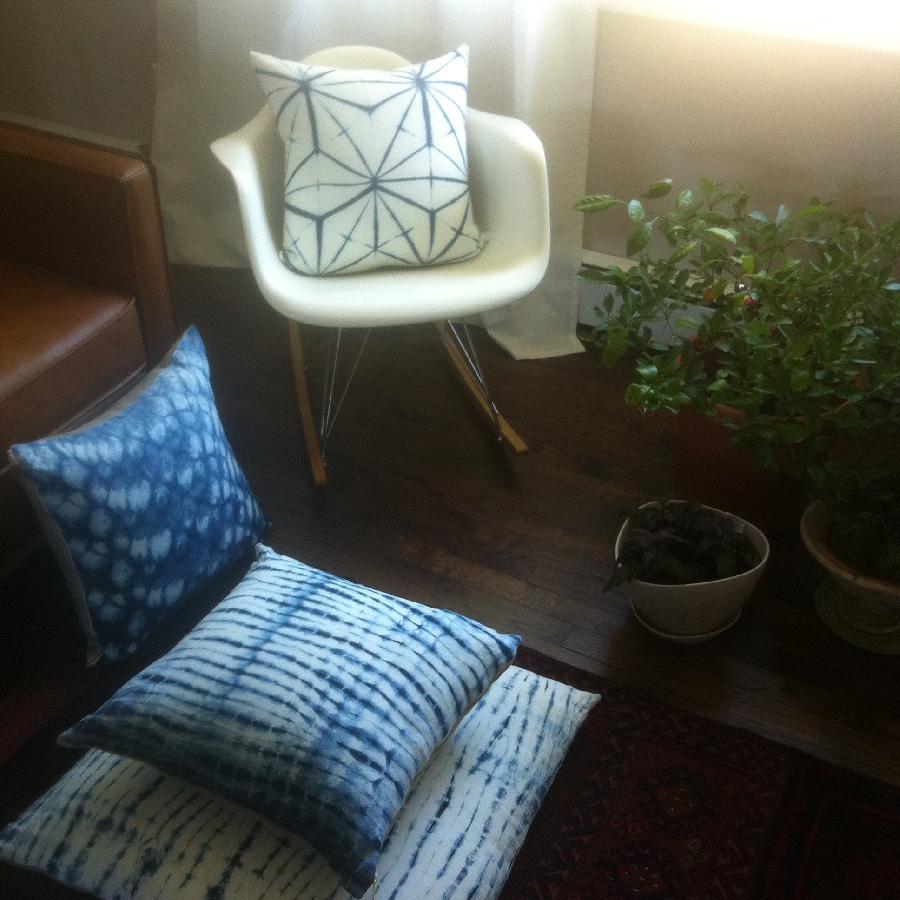 Katrin, I dream in blue! Pillows featured are Japanese Shibori patterns hand dyed in indigo on bleached line...