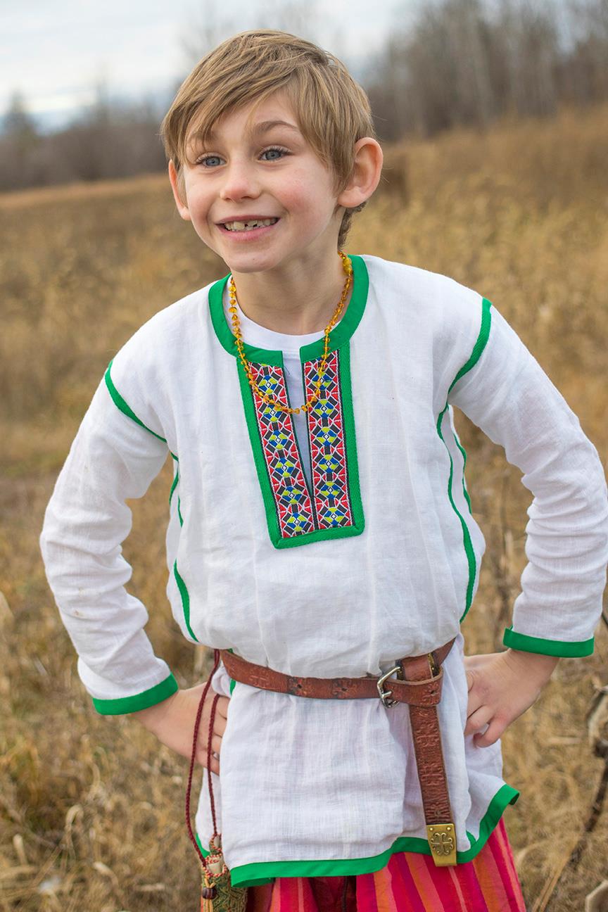 Elise, Ukrainian-style shirt.  He wanted to look like the character Nicki in Jan Bretts book, The Mitte...